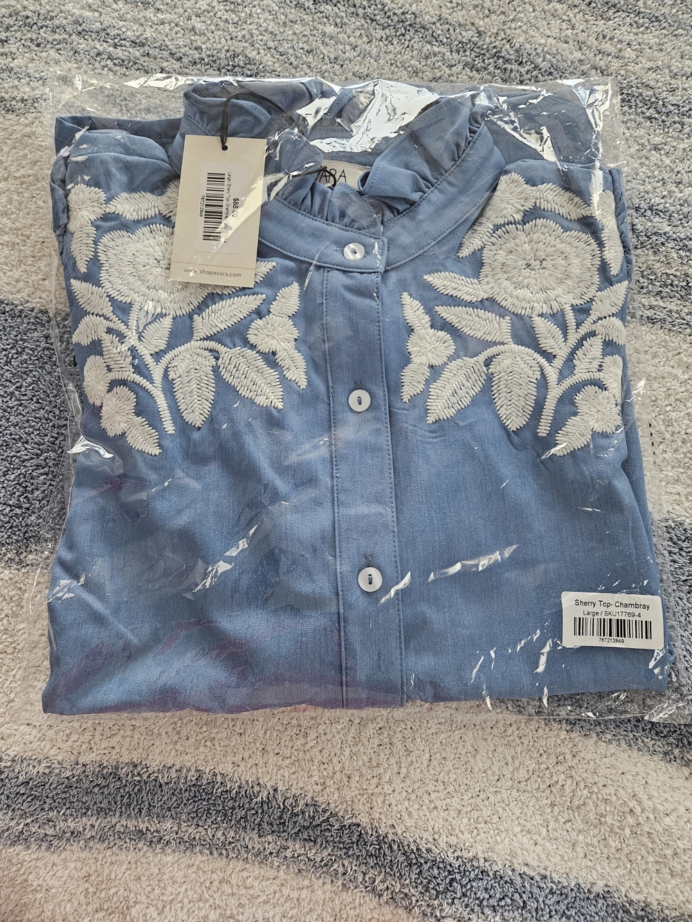 Light Blue Embroidered Ruffle-Neck Button Front Blouse - Picture 5 of 7